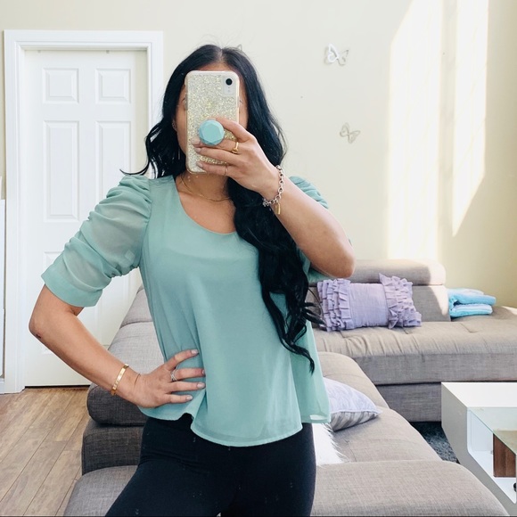💘 MINT GREEN PUFF SLEEVE CHIFFON SHIRT